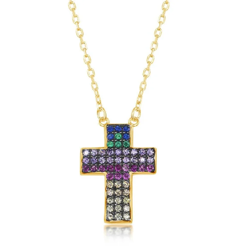 Unique necklaces and pendants with gemstones for a colorful and vibrant statement-Sterling Silver Gold Plated Rainbow CZ Cross Necklace