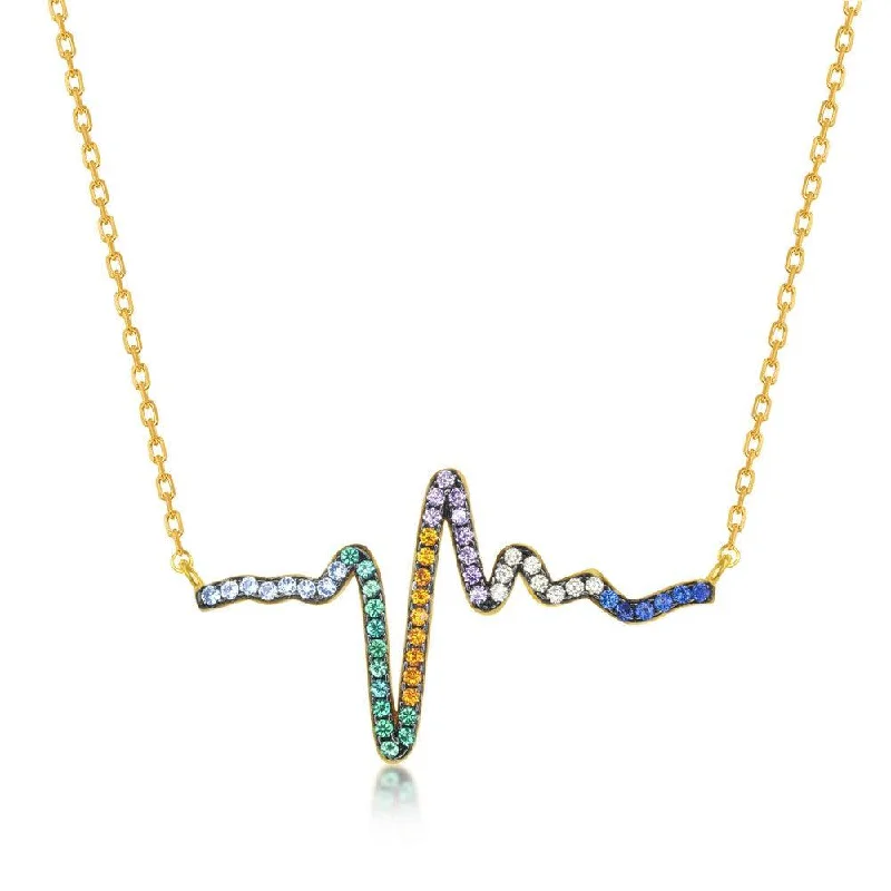 Best necklaces and pendants with opal gemstones for an iridescent glow-Sterling Silver Gold Plated Rainbow CZ Heartbeat Necklace