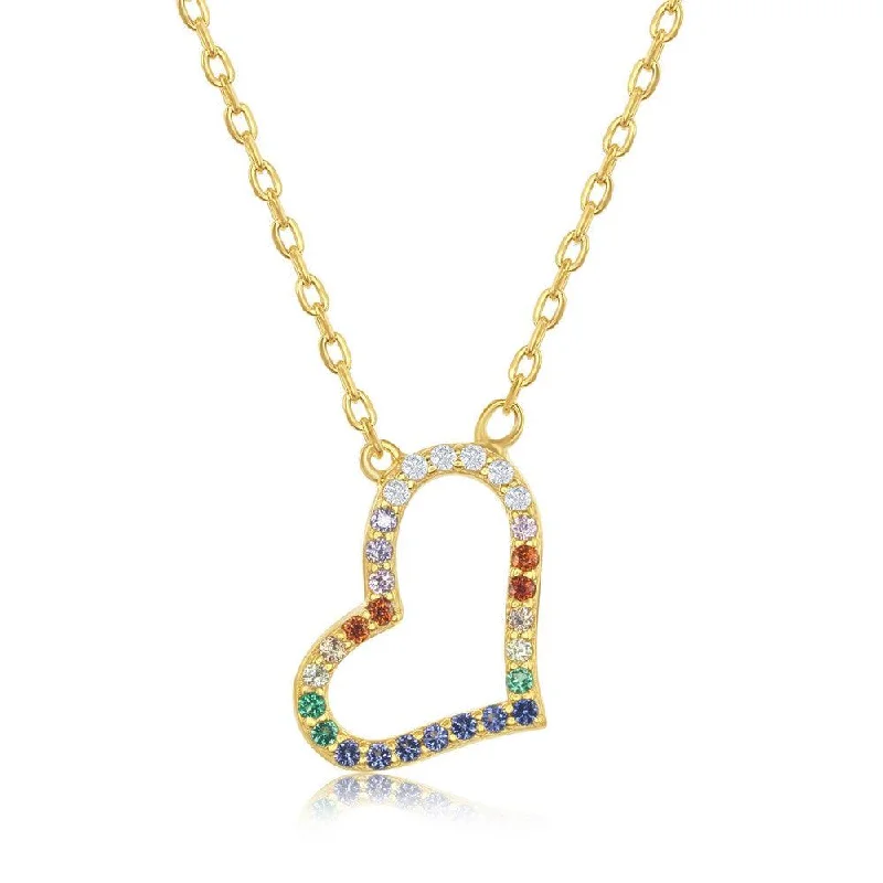 Stunning necklaces and pendants with turquoise and gold for a vibrant, earthy look-Sterling Silver Gold Plated Rainbow CZ Sideways Heart Necklace