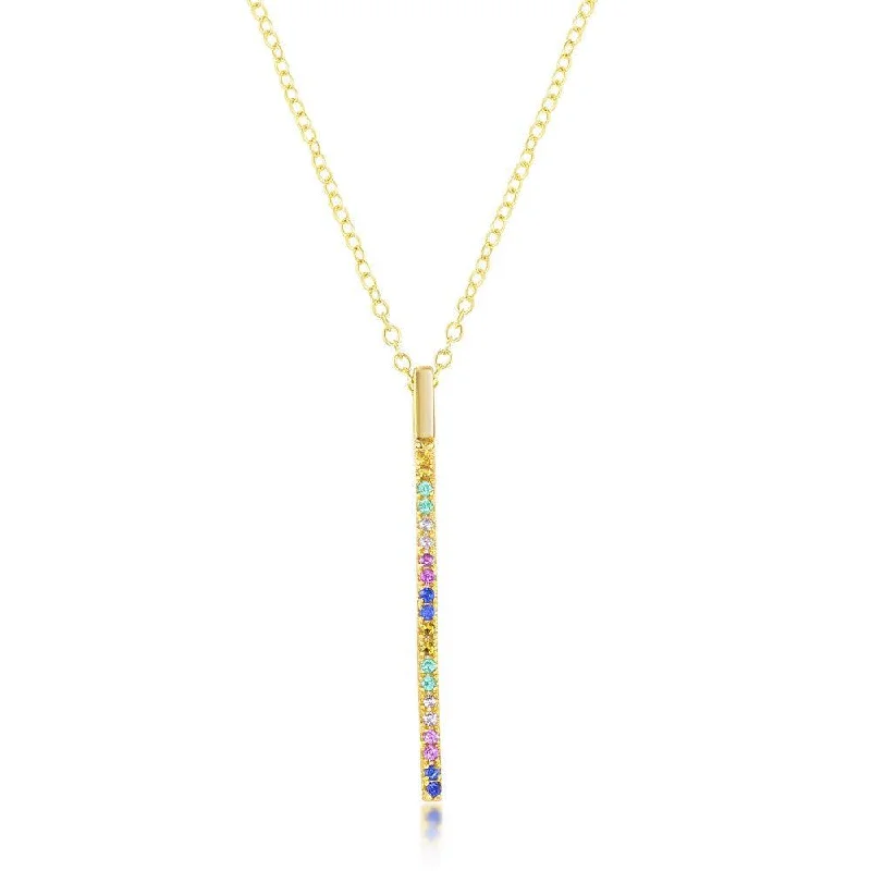 Best necklaces and pendants with opal gemstones for an iridescent glow-Sterling Silver Gold Plated Rainbow CZ Vertical Bar Necklace