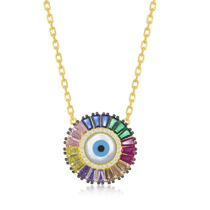 Layered necklaces and pendants for a trendy and fashionable stacked look-Sterling Silver GP Rainbow Baguette CZ Evil Eye Disc Necklace