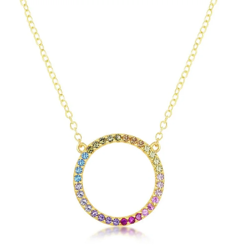 Trendy necklaces and pendants with geometric shapes for a modern aesthetic-Sterling Silver GP Rainbow CZ Circle of Life Necklace