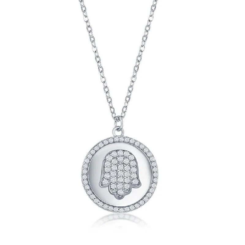 Best necklaces and pendants with floral designs for a feminine and elegant feel-Sterling Silver Hamsa Micro Pave CZ Disc Necklace