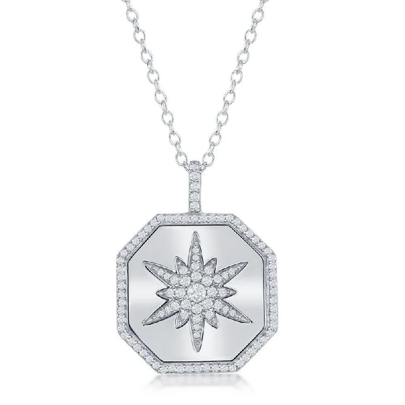 Necklaces and pendants with custom engravings for a personal, meaningful gift-Sterling Silver Hexagon with Center Starburst CZ Necklace