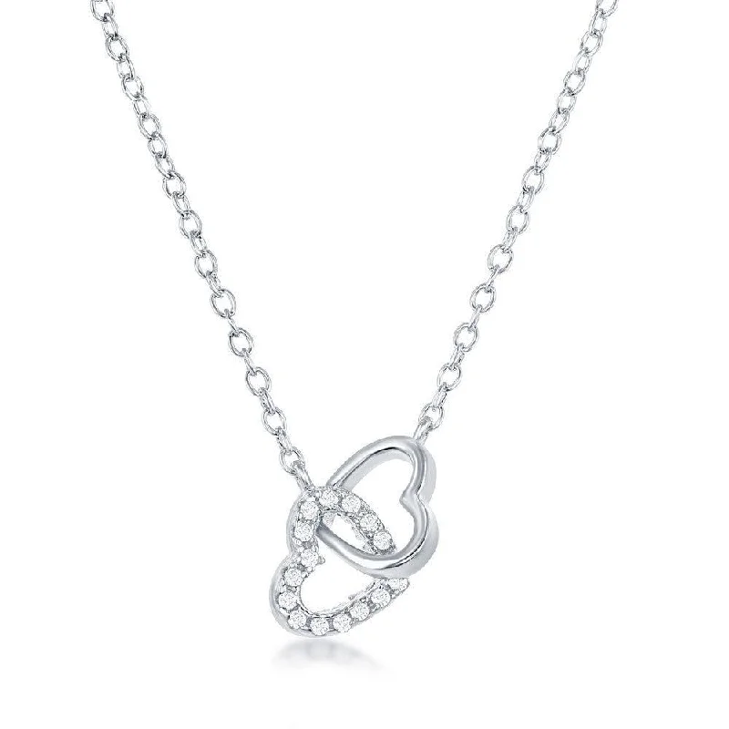 Necklaces and pendants with star-shaped designs for a whimsical, celestial touch-Sterling Silver Interlocking CZ and Plain Heart Necklace