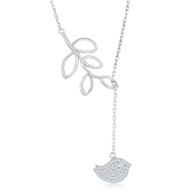 Necklaces and pendants with custom engravings for a personal, meaningful gift-Sterling Silver Leaf with Hanging CZ Bird Lariat 'Y' Necklace