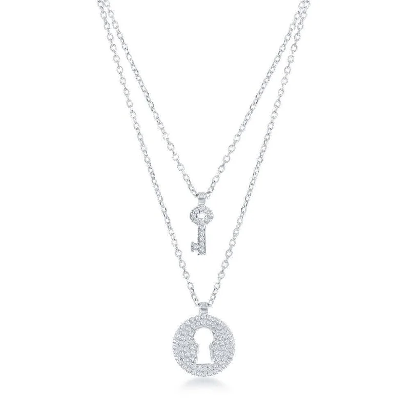 Simple necklaces and pendants with tiny charms for a delicate and casual vibe-Sterling Silver Micro Pave Lock and Key Double Strand Necklace