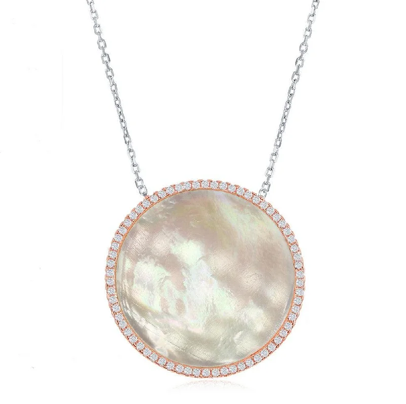 Stylish necklaces and pendants with diamonds for a glamorous and elegant look-Sterling Silver Mother of Pearl Disc with CZ Border Necklace