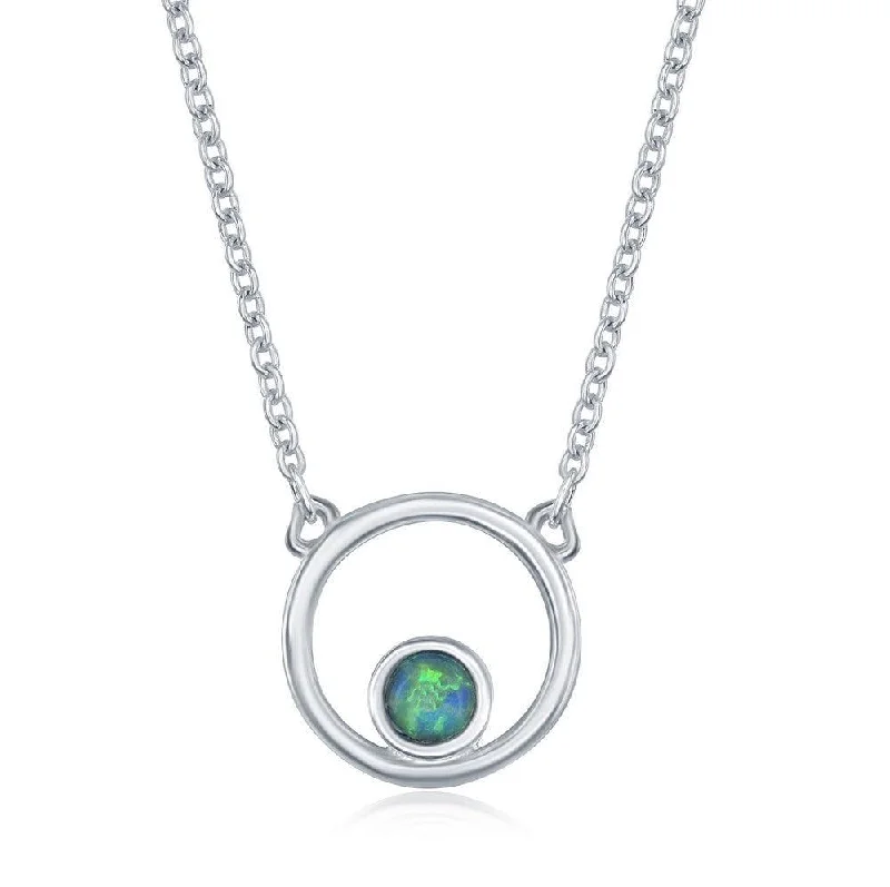 Simple necklaces and pendants with bar pendants for a sleek modern design-Sterling Silver Open Circle with Blue Inlay Opal Necklace