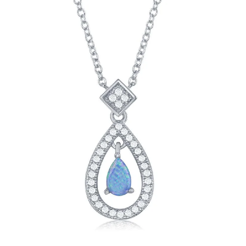 Fashionable necklaces and pendants with birthstones for a personalized gift idea-Sterling Silver Open CZ Border and Center Opal Teardrop Necklace