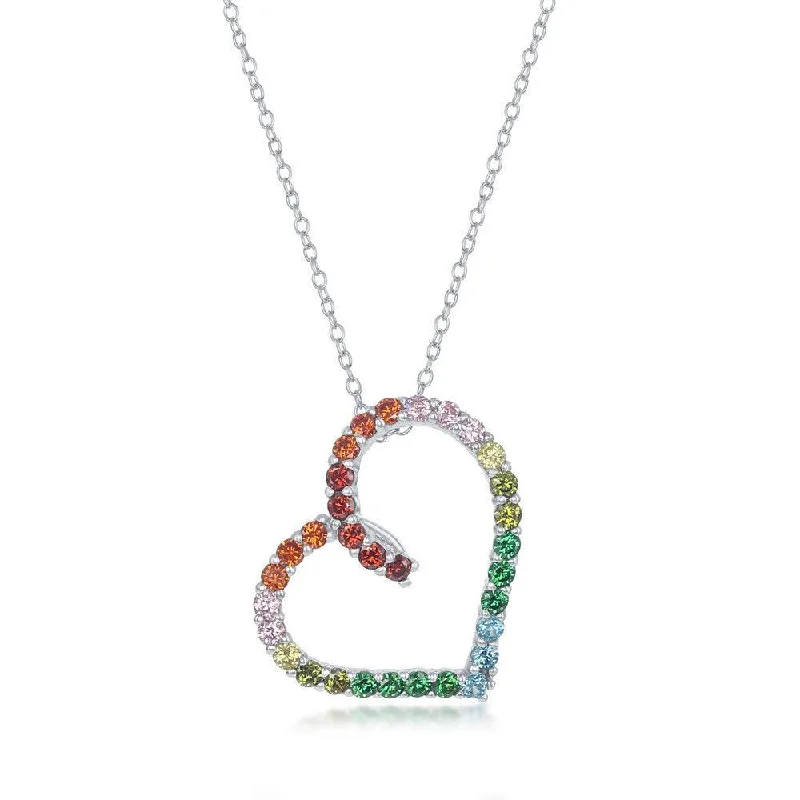 Simple necklaces and pendants with bar pendants for a sleek modern design-Sterling Silver Open Heart Rainbow Cubic Zirconia Necklace