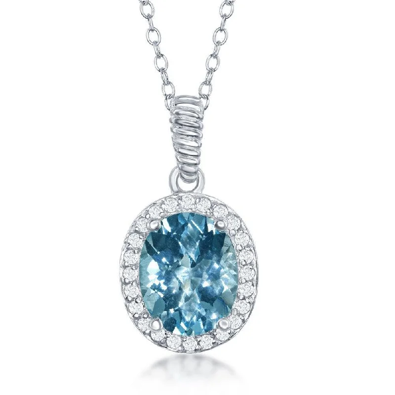 Stylish necklaces and pendants with diamonds for a glamorous and elegant look-Sterling Silver Oval Blue Topaz with White Topaz Border Necklace