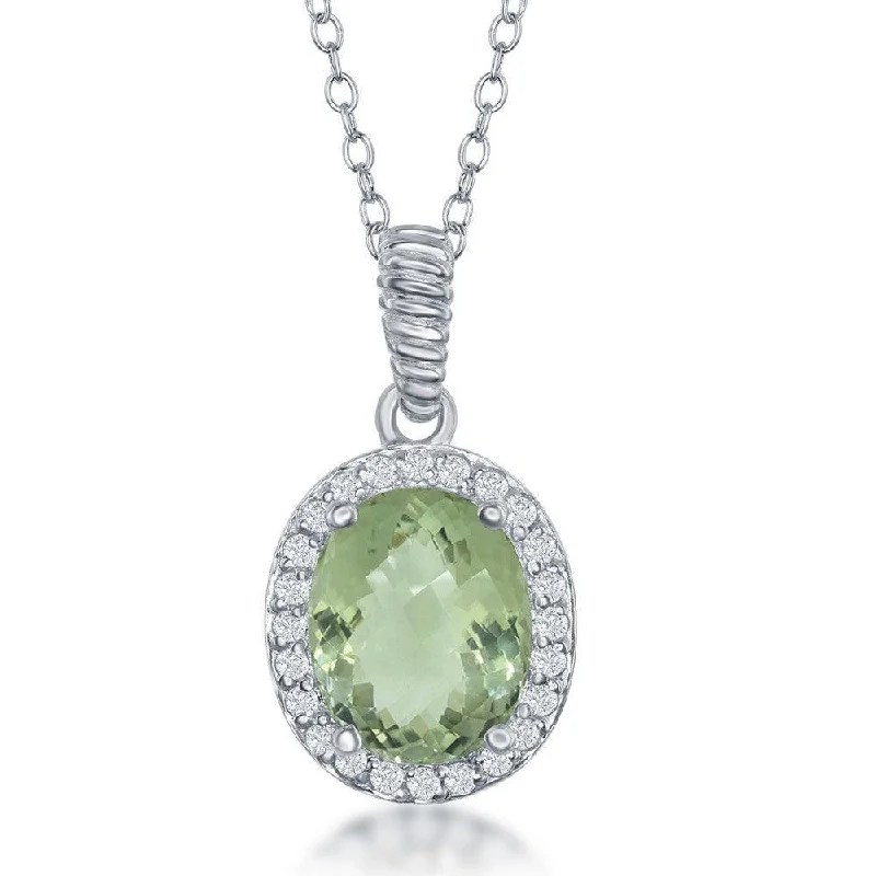 Necklaces and pendants with abstract shapes for a modern, creative appearance-Sterling Silver Oval Green Amethyst with Topaz Border Necklace