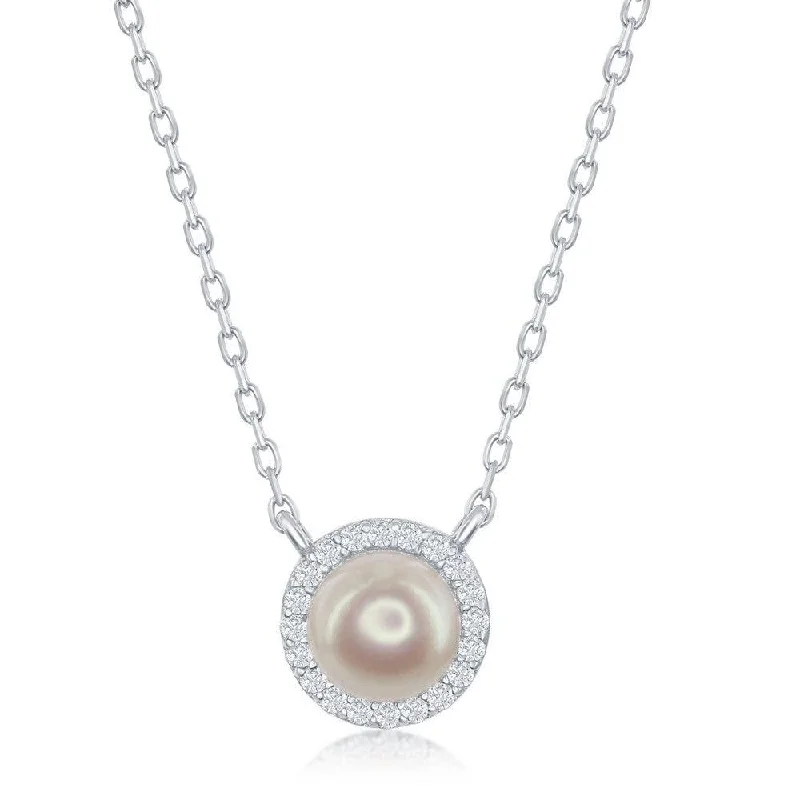 Personalized necklaces and pendants with coordinates for a meaningful location-based gift-Sterling Silver Pearl with Cubic Zirconia Border Necklace