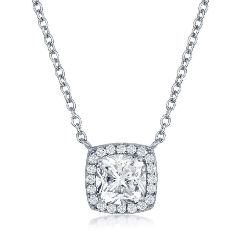 Beautiful necklaces and pendants with diamond halo settings for extra brilliance-Sterling Silver Princess-Cut with CZ Border Necklace