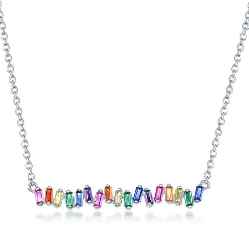 Necklaces and pendants with celestial starburst designs for a radiant look-Sterling Silver Rainbow Baguette Cubic Zirconia Bar Necklace