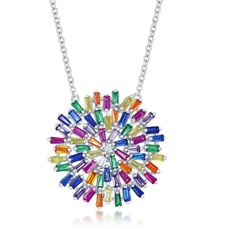 Beautiful necklaces and pendants with diamond halo settings for extra brilliance-Sterling Silver Rainbow Baguette Cubic Zirconia Round Necklace