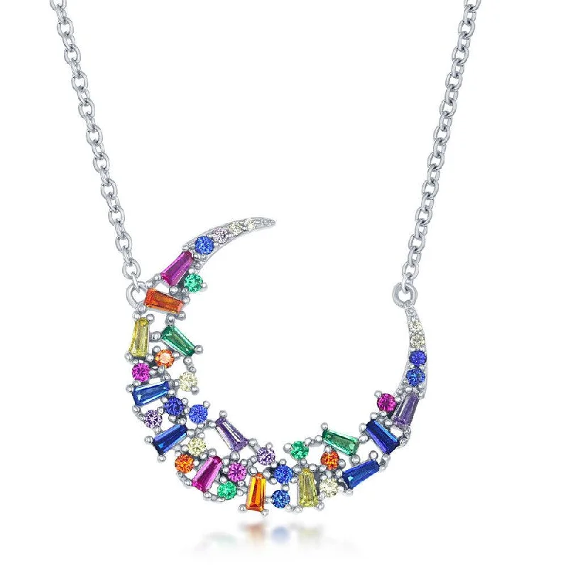 Beautiful necklaces and pendants with diamond-encrusted designs for maximum sparkle-Sterling Silver Rainbow Baguette CZ Crescent Moon Necklace