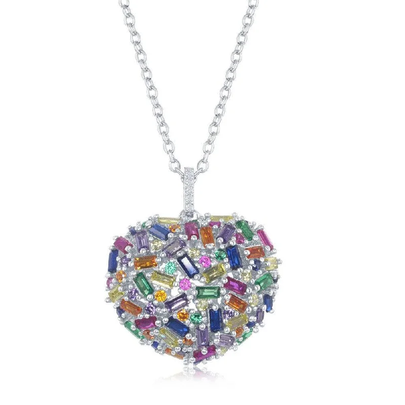 Best necklaces and pendants with oval pendants for a classic, elegant shape-Sterling Silver Rainbow Baguette CZ Puffed Heart Necklace