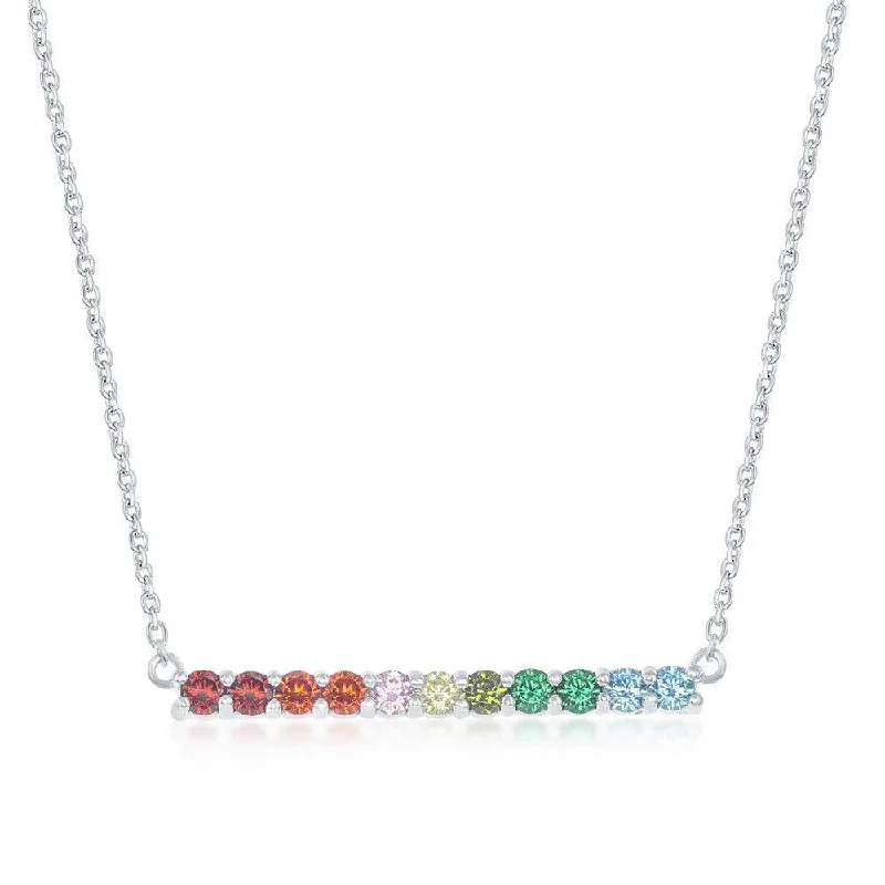 Stunning necklaces and pendants with aquamarine stones for a serene effect-Sterling Silver Rainbow Cubic Zirconia Bar Necklace