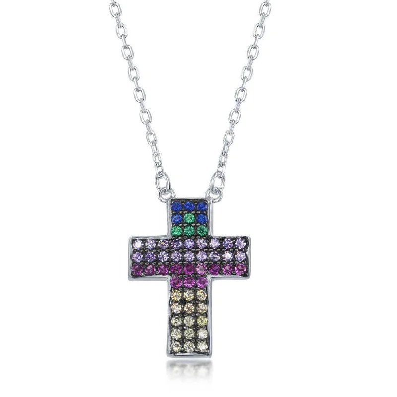 Elegant necklaces and pendants with gold chains for a chic, timeless appearance-Sterling Silver Rainbow Cubic Zirconia Cross Necklace