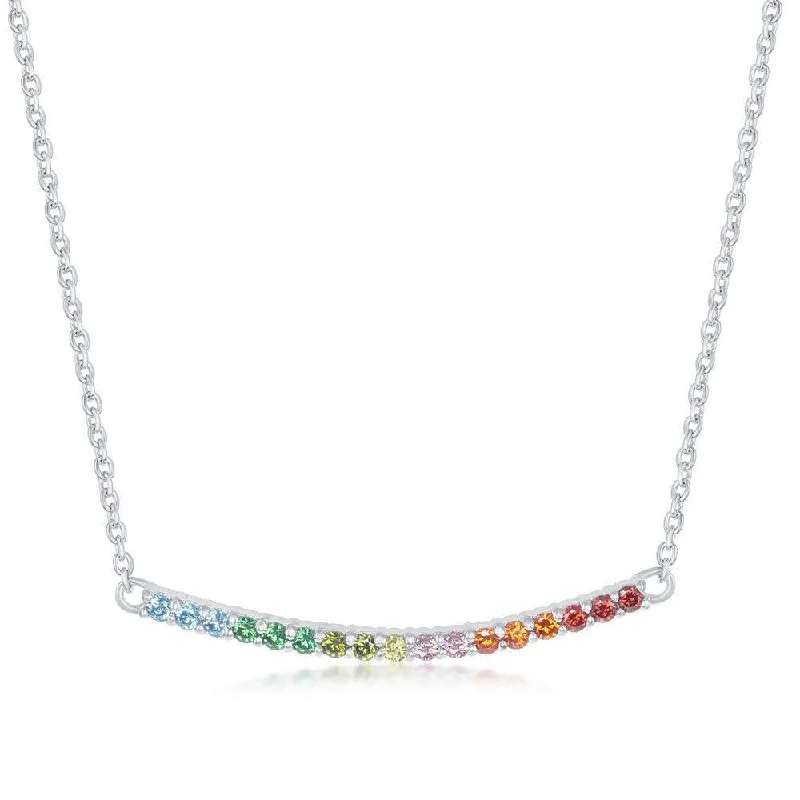 Necklaces and pendants with clear quartz for a pure and radiant look-Sterling Silver Rainbow Cubic Zirconia Curved Bar Necklace