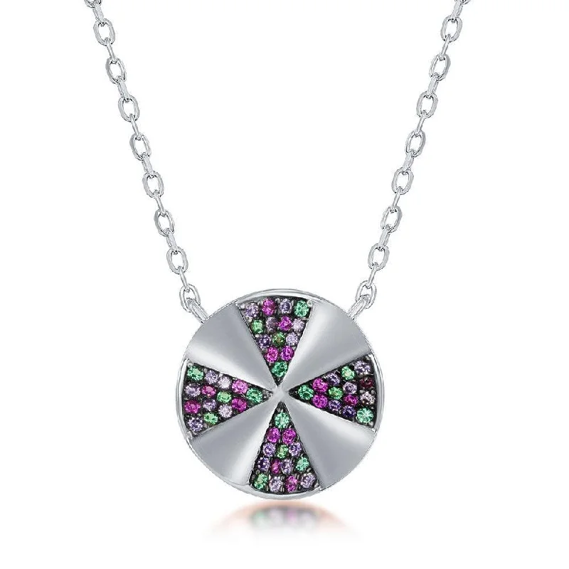 Unique necklaces and pendants with engraved messages for a sentimental gift-Sterling Silver Rainbow Cubic Zirconia Designed Disc Necklace