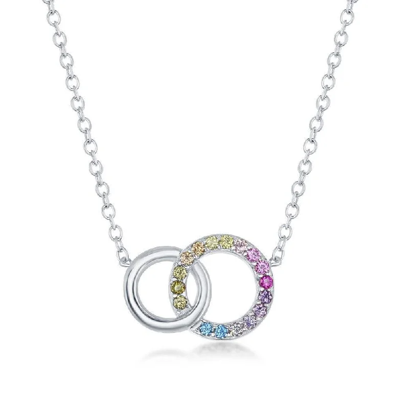 Stylish necklaces and pendants with diamonds for a glamorous and elegant look-Sterling Silver Rainbow CZ Double Linked Circle Necklace