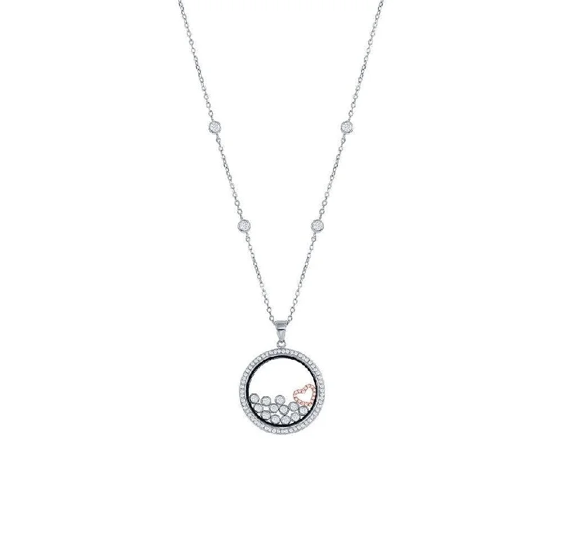 Fashionable necklaces and pendants with birthstones for a personalized gift idea-Sterling Silver RG Floating Heart & Round CZ's in a Disc Necklace