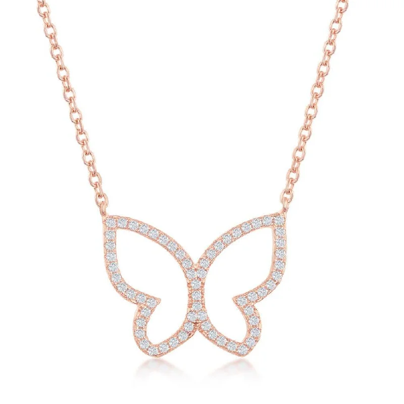 Necklaces and pendants with abstract shapes for a modern, creative appearance-Sterling Silver Rose Gold Plated Open Butterfly CZ Necklace