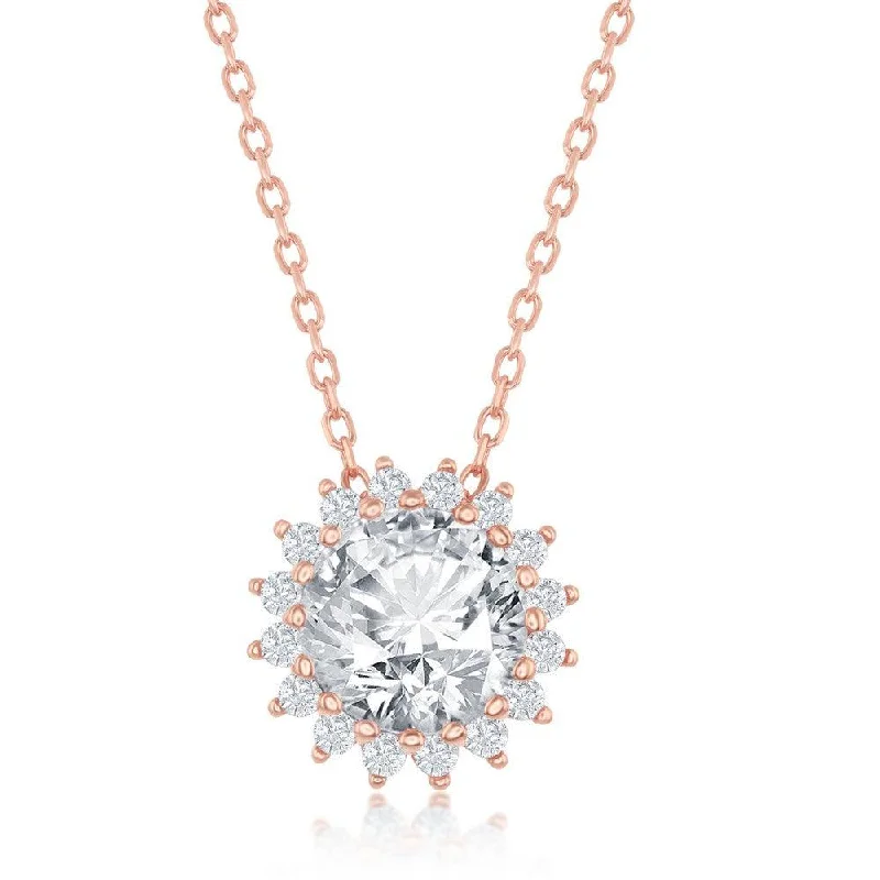 Best necklaces and pendants with silver chains for a sleek, timeless look-Sterling Silver Rose Gold Plated Round Halo Flower CZ Necklace