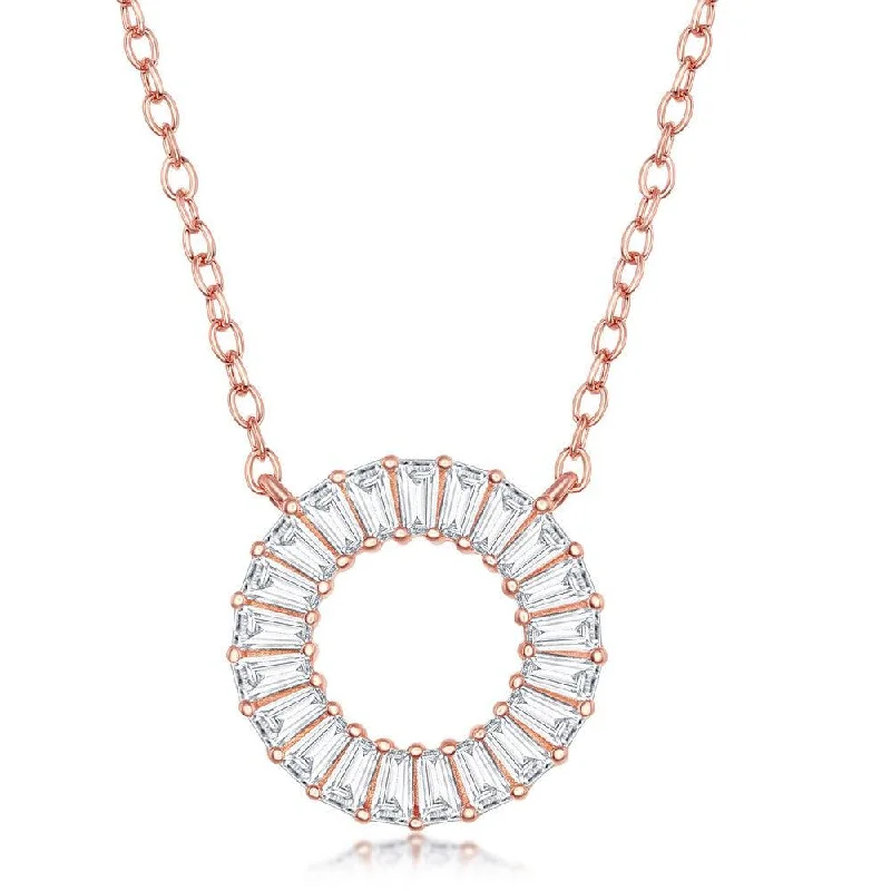 Beautiful necklaces and pendants with geometric shapes for a modern, artistic design-Sterling Silver Rose GP Baguette CZ Open Circle Necklace