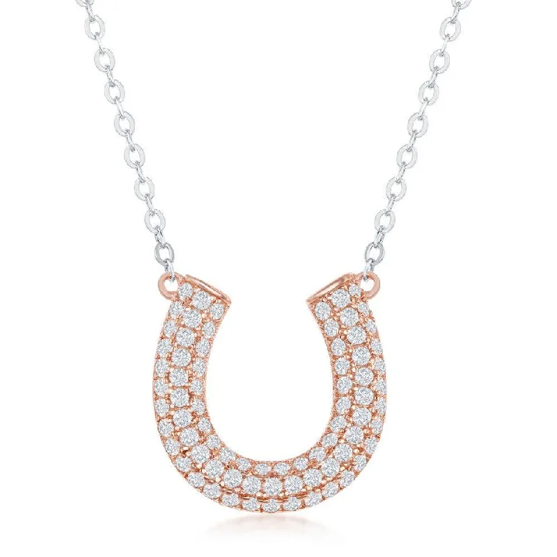 Stunning necklaces and pendants with aquamarine stones for a serene effect-Sterling Silver Rose GP Micro Pave CZ Horseshoe Necklace