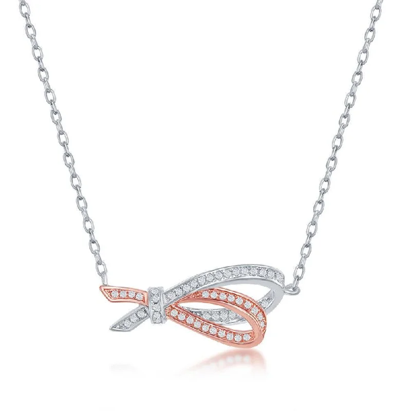 Stylish necklaces and pendants with diamonds for a glamorous and elegant look-Sterling Silver Rose GP Micro Pave Double Ribbon Necklace