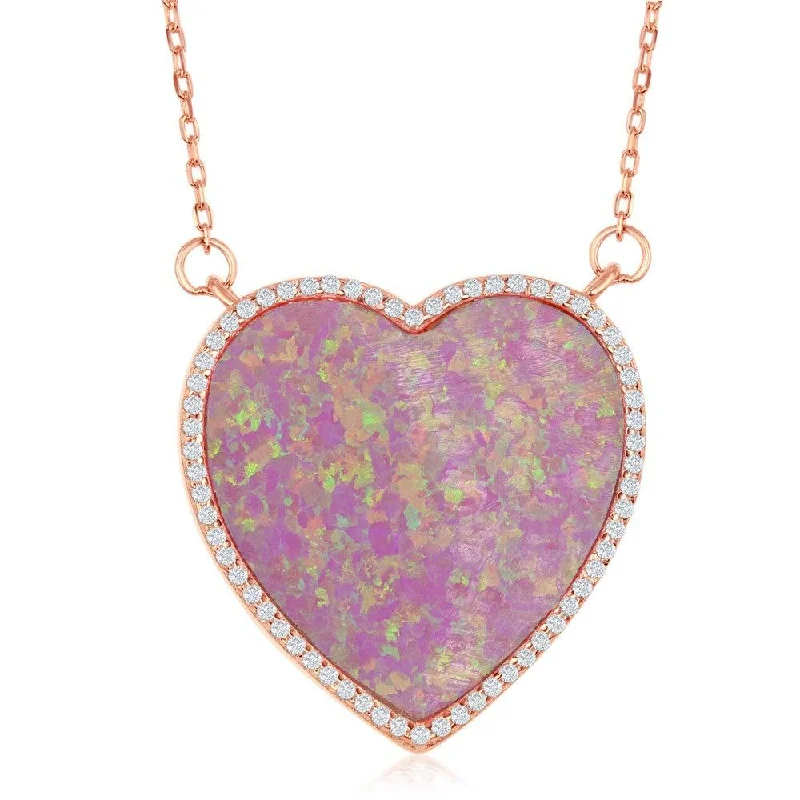 Stunning necklaces and pendants with turquoise and gold for a vibrant, earthy look-Sterling Silver Rose GP Pink Opal Heart with CZ Border Necklace