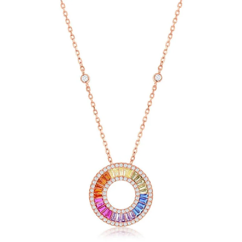 Beautiful necklaces and pendants with butterfly motifs for a whimsical style-Sterling Silver Rose GP Rainbow Baguette CZ Open Circle Necklace