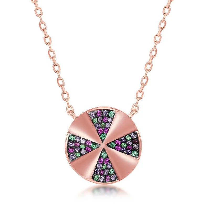 Layered necklaces and pendants for a trendy and fashionable stacked look-Sterling Silver Rose GP Rainbow CZ Designed Disc Necklace