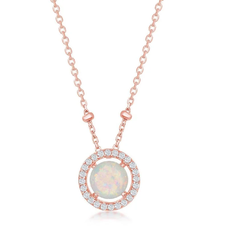 Stunning necklaces and pendants with ruby and diamond combinations for a luxurious effect-Sterling Silver Round White Opal with CZ Halo Beads Necklace