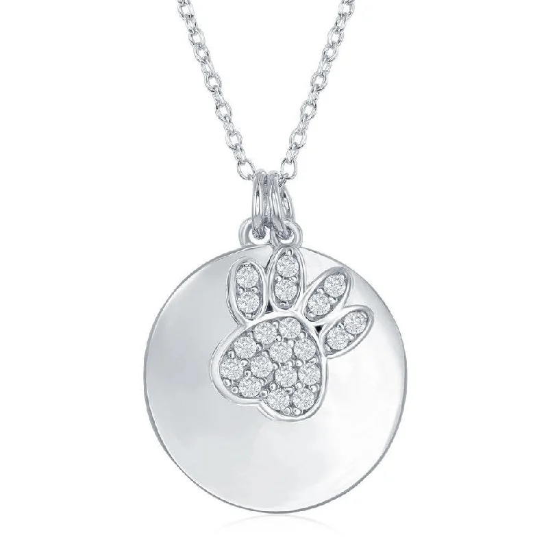 Trendy necklaces and pendants with geometric shapes for a modern aesthetic-Sterling Silver Shiny Disc with Micro Pave Bear Paw Necklace