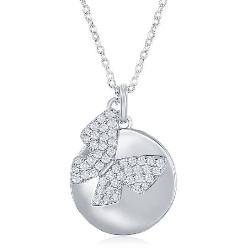 Best necklaces and pendants with floral designs for a feminine and elegant feel-Sterling Silver Shiny Disc with Micro Pave Butterfly Necklace