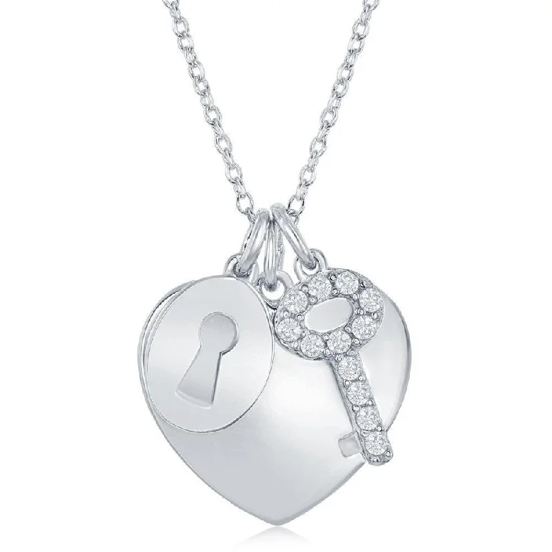 Necklaces and pendants with pearls for a classic and sophisticated touch-Sterling Silver Shiny Heart with CZ Lock and Key Necklace