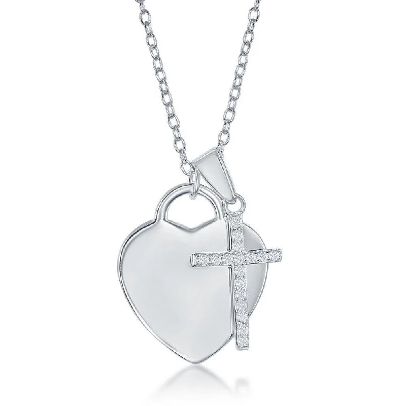 Trendy necklaces and pendants with geometric shapes for a modern aesthetic-Sterling Silver Shiny Heart with Small CZ Cross Necklace