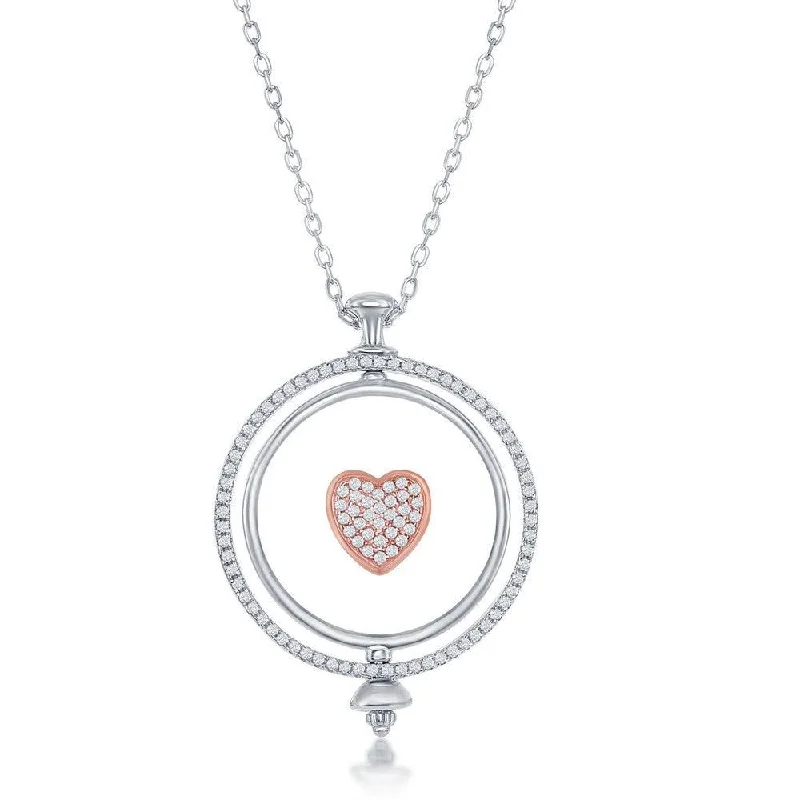 Beautiful necklaces and pendants with moon and star charms for a dreamy effect-Sterling Silver Spinning Disc Centre Heart with CZ Necklace