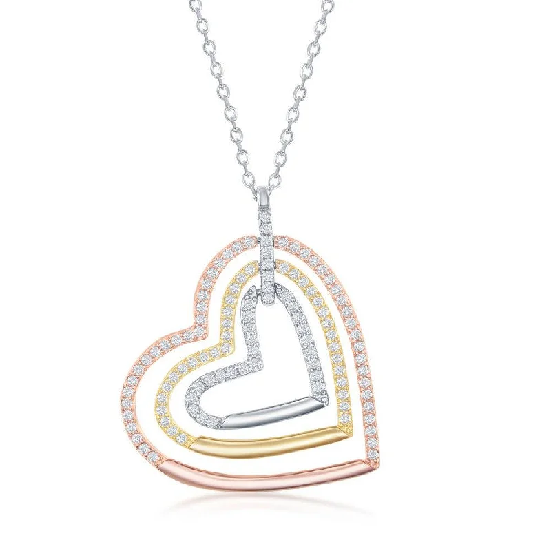 Stylish necklaces and pendants with diamonds for a glamorous and elegant look-Sterling Silver Tri Color Triple Open CZ Heart Necklace