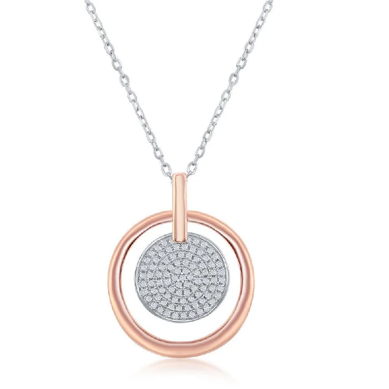 Best necklaces and pendants with opal gemstones for an iridescent glow-Sterling Silver TT Micro Pave Disc Rose GP Circle Necklace