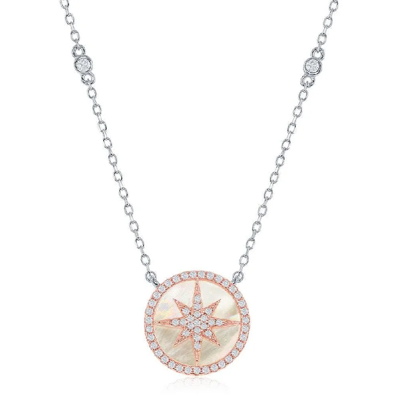 Necklaces and pendants with enamel accents for a colorful, eye-catching appearance-Sterling Silver TT Round MOP with Center Micro Pave Star Necklace