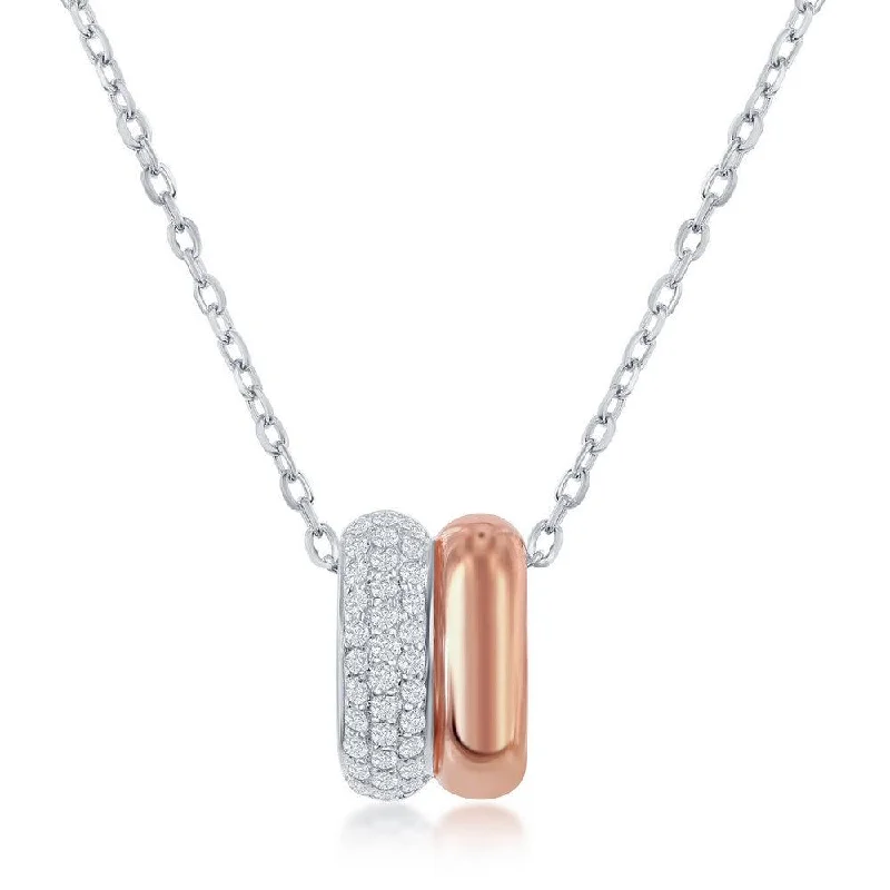 Elegant necklaces and pendants with diamond accents for added sparkle-Sterling Silver Two Tone Rose GP Micro Pave Double Oval Necklace