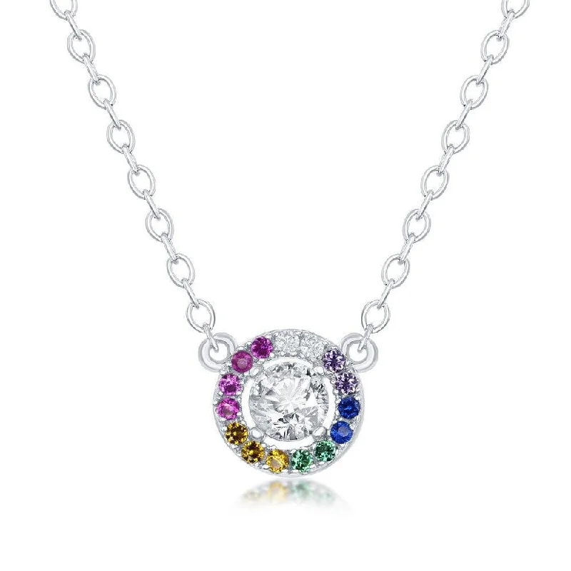 Trendy necklaces and pendants with statement pieces for a bold fashion statement-Sterling Silver White and Rainbow CZ Border Circle Necklace