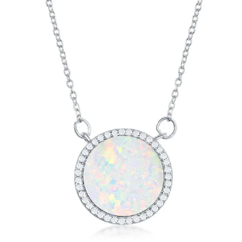 Best necklaces and pendants with infinity hearts for a romantic, eternal symbol-Sterling Silver White Inlay Opal Circle with CZ Border Necklace