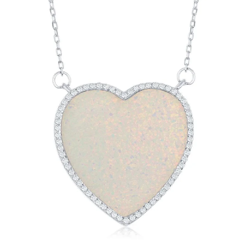 Beautiful necklaces and pendants with geometric shapes for a modern, artistic design-Sterling Silver White Inlay Opal Heart with CZ Border Necklace